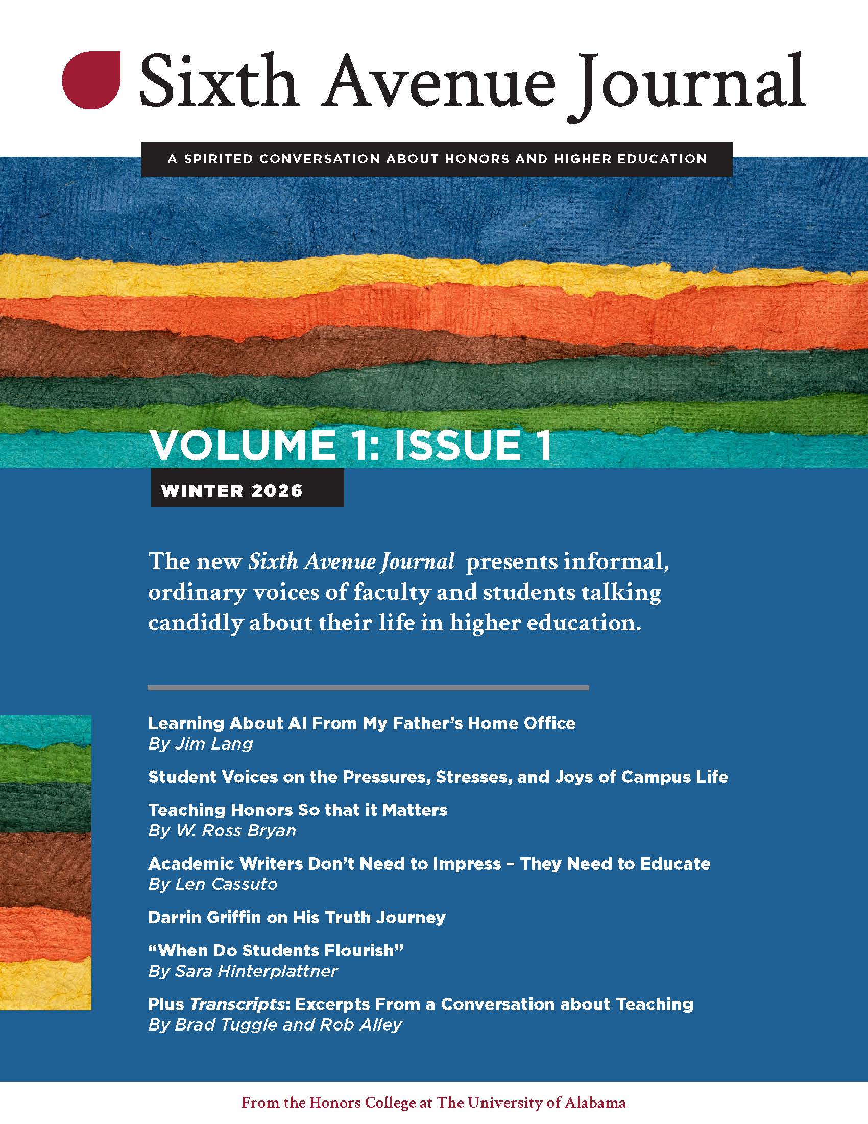 Cover of Sixth Avenue Journal Volume One Issue One with a table of contents listing