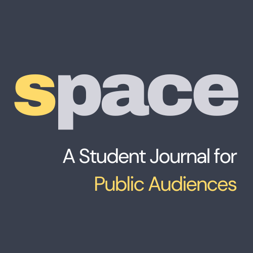 On a dark gray background, "S" for the word space is yellow, "pace" is silver. Under "Space," text reads "A Student Journal for" in silver, and "Public Audiences" in yellow.