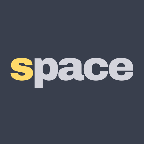 On a dark gray background, "S" for the word space is yellow, "pace" is silver. 