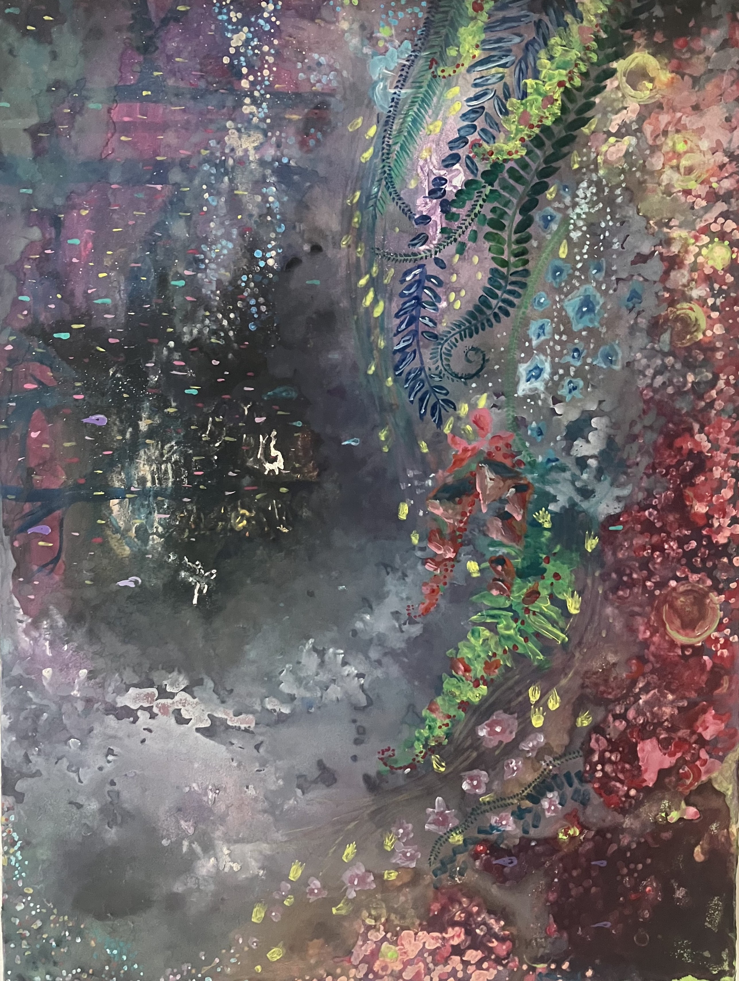 an abstract painting with colorful flowers and leaves