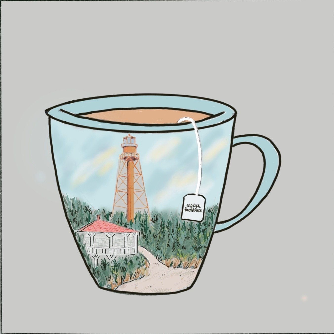 An illustration of a cup of tea with a water tower and a gazebo on the cup. The tea tag reads "english breakfast."