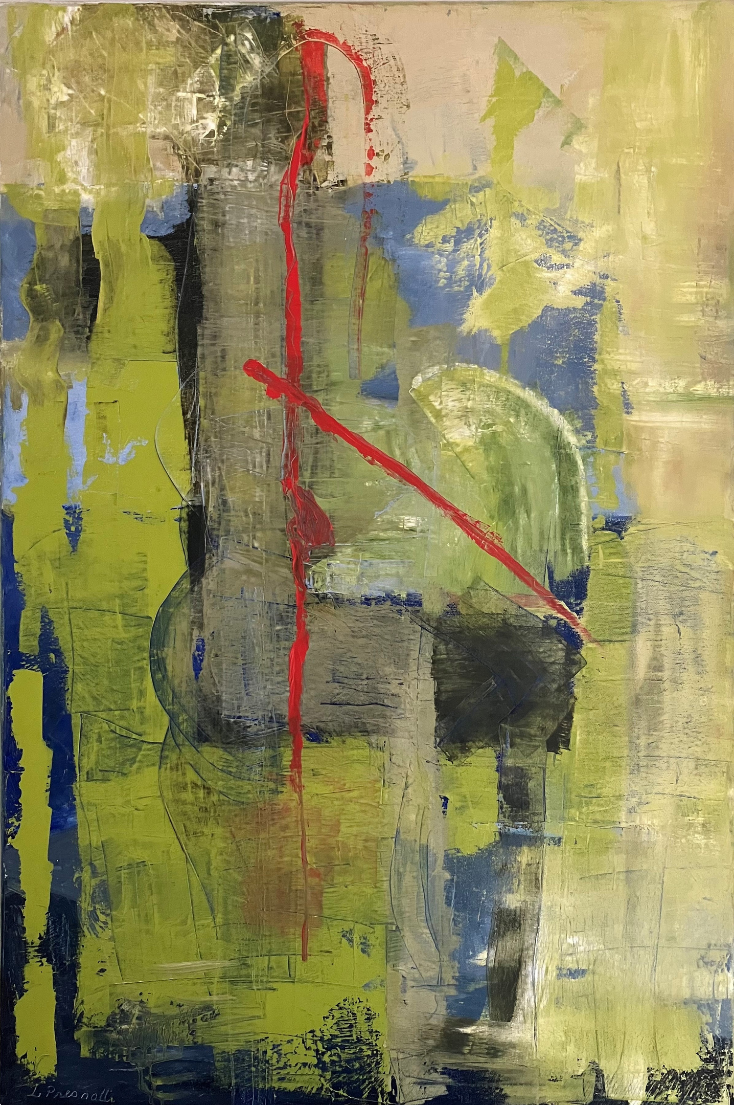 an abstract painting with red and green colors